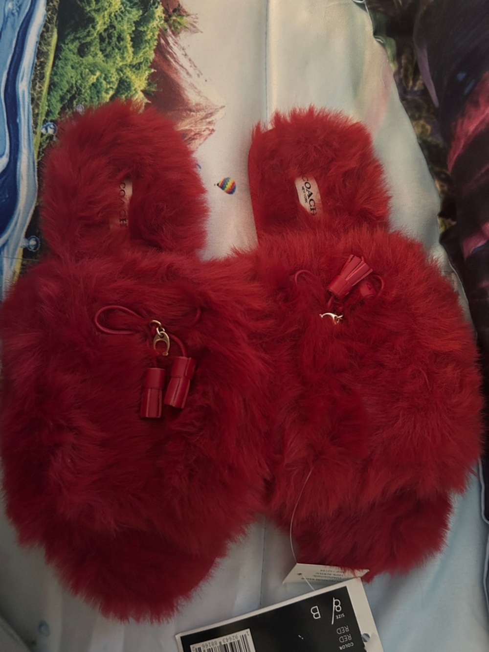 Coach Red Furry Slide Slippers